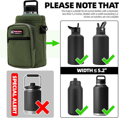 NATURE PIONEOR Water Bottle Holder with Adjustable Strap - Half/One Gallon (64/128oz) Insulated Water Bottle Sling Carrier with Phone Pocket & Paracord Handle, Outdoor Camping, Hiking, Gym