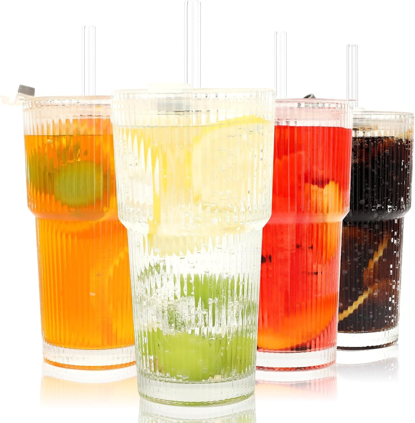 Clear Iced Coffee Cups with Lids - 4 Pack, 20oz Reusable Glass Cups with Lids and Straws, Drinking Tumblers for Cocktail Beer, Juice, Smoothie, Coffee Bar, Housewarming Gifts - Dishwasher Safe