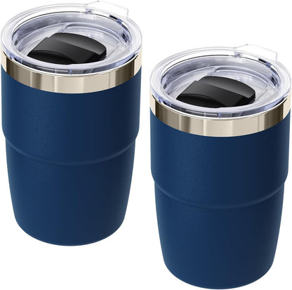 8 oz Small Coffee Cup with Magnetic Lid, Ceramic-Lined 18/8 Stainless Steel, Double-Wall Vacuum Insulated, Stackable, Dishwasher Safe, Mini Tumbler for On-the-Go, 2 Pack, Black