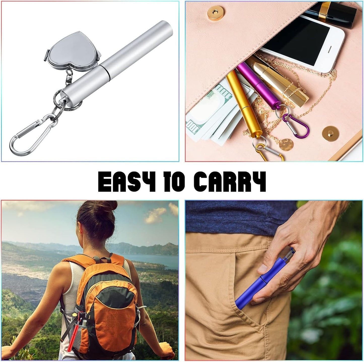 Zubebe 8 Pack Metal Reusable Straw Collapsible Straws Stainless Steel Drinking Straw with Plastic Case Silicone Tip and Cleaning Brush and Keychain Long Telescopic Portable for Travel Work