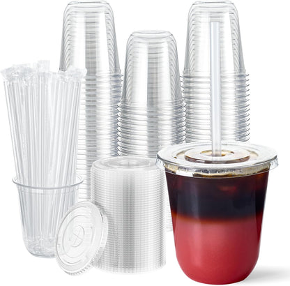 Vplus 100 Pack 12 oz Iced Coffee Cups with Lids, Disposable Plastic Cups with Lids and Straws for Cold Beverages, Juice, Milkshakes, Coffee Shops, Parties and Daily Use