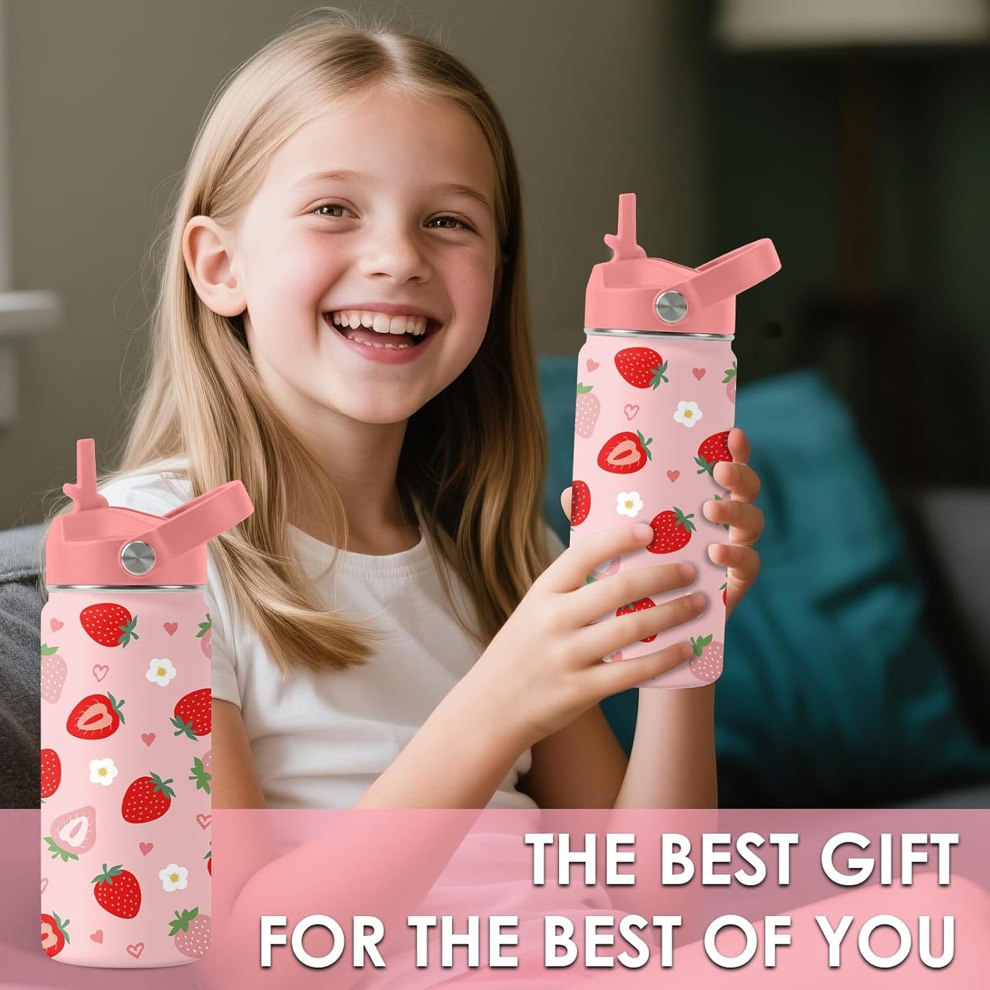 Strawberry Gifts for Kids - 16oz Pink Kids Water Bottle with Straw Lid, Stainless Steel Insulated Water Bottle, Leakproof, BPA-Free, for Girls, School, Strawberry Lover Children Birthday Gift Cup(1pc)