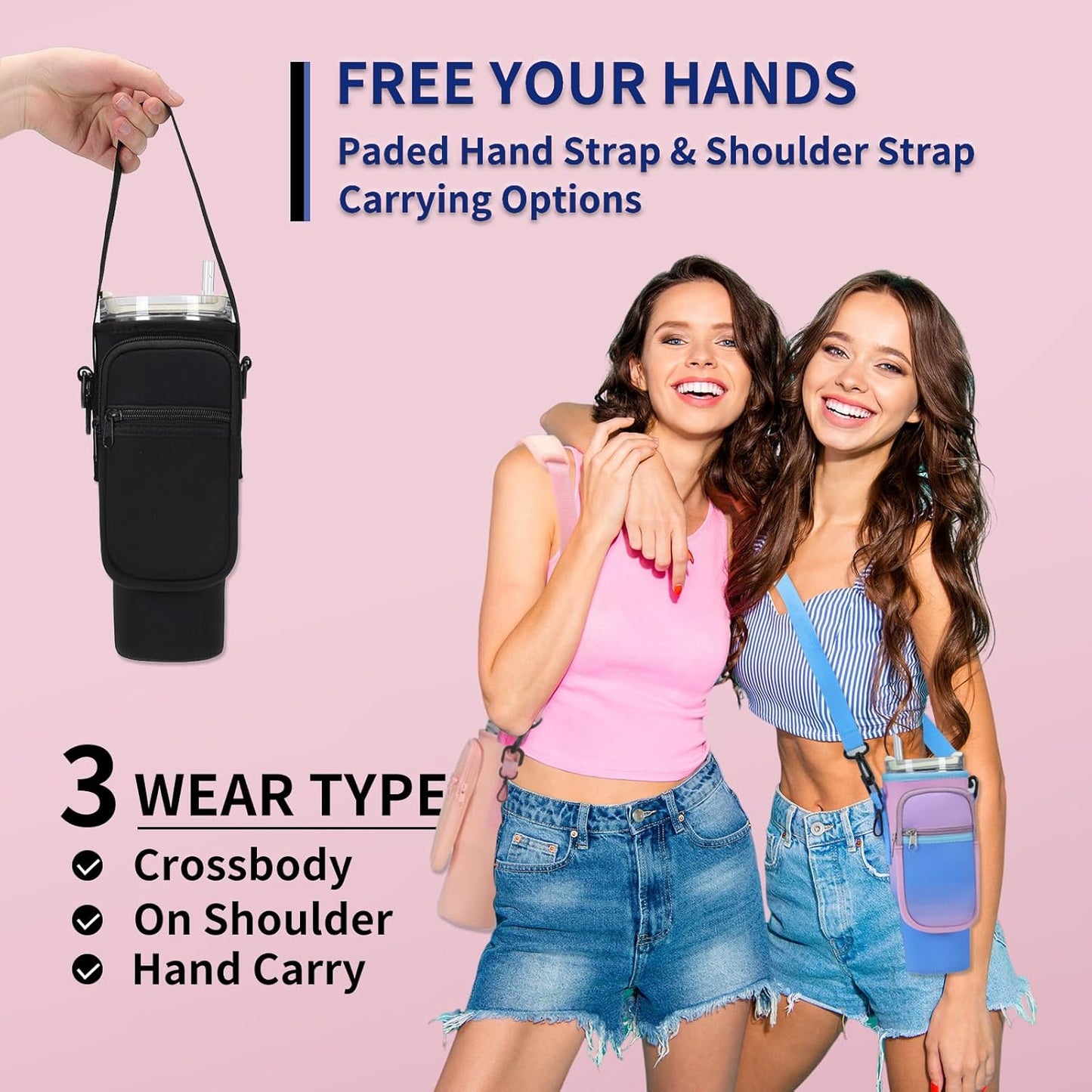 GOEWY Water Bottle Carrier Bag for Stanley 40/30 oz Tumbler with Phone Pocket Neoprene Water Bottle Holder with Shoulder & Handheld Strap Stanley Cup Accessories