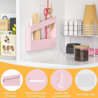 Acrylic Straw Holder for Cabinet - 9.5 Inch Clear Reusable Straw Organizer Dispenser with Ultra Sticky Adhesive Tapes, Slanted Kitchen Accessories Container Cupboard Door Mounted