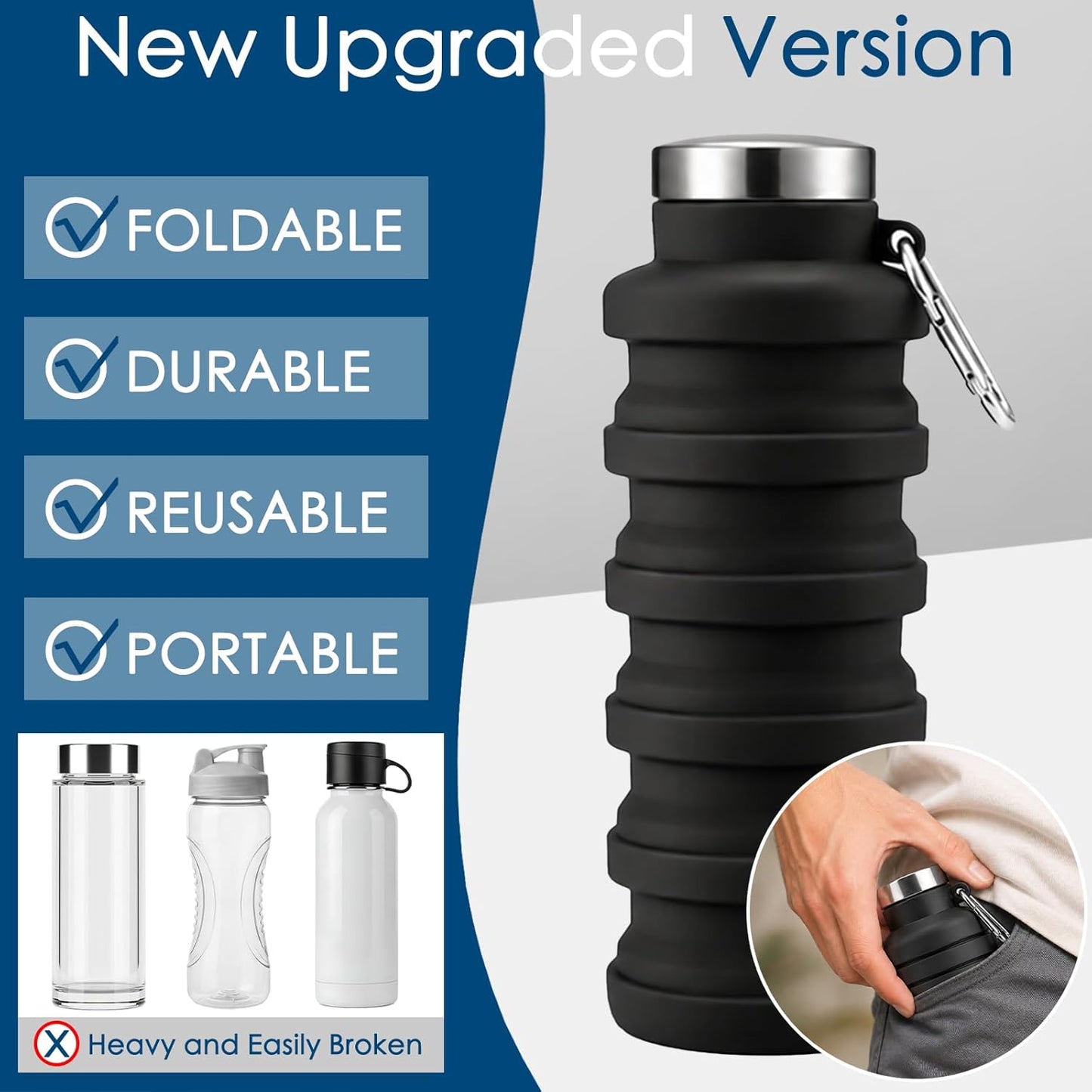 4 Pack Collapsible Water Bottles, 16oz Portable Reusable Silicone Water Bottle, Foldable Water Bottles for Travel Gym Camping Hiking, Leak Proof Sports Water Bottle with Carabiner (Bright Color)