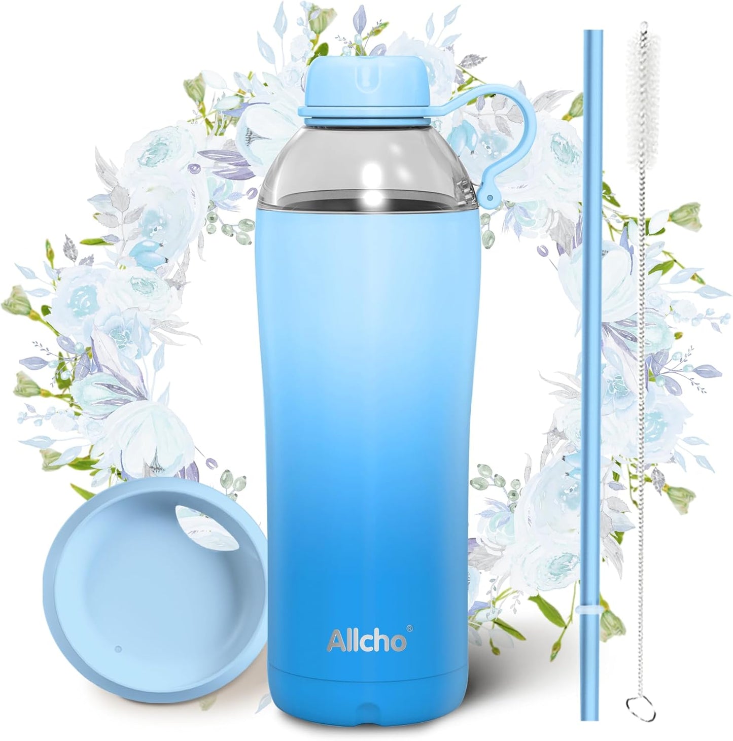 Allcho Insulated Water Bottle for Women, 18oz Stainless Steel Leak Proof Tumbler with 2 Lids, BPA-Free Tritan Chug & Straw Lid, Double Wall Vacuum Flask