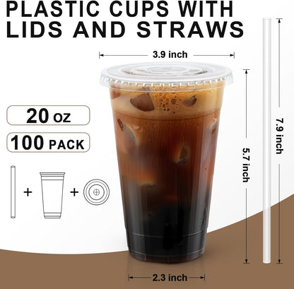 Lamosi 100 Pack 20 oz Clear Plastic Cups with Lids and Straws, Disposable Iced Coffee Cups with Lids for To-Go Cold Drinks, Smoothies and Slushie