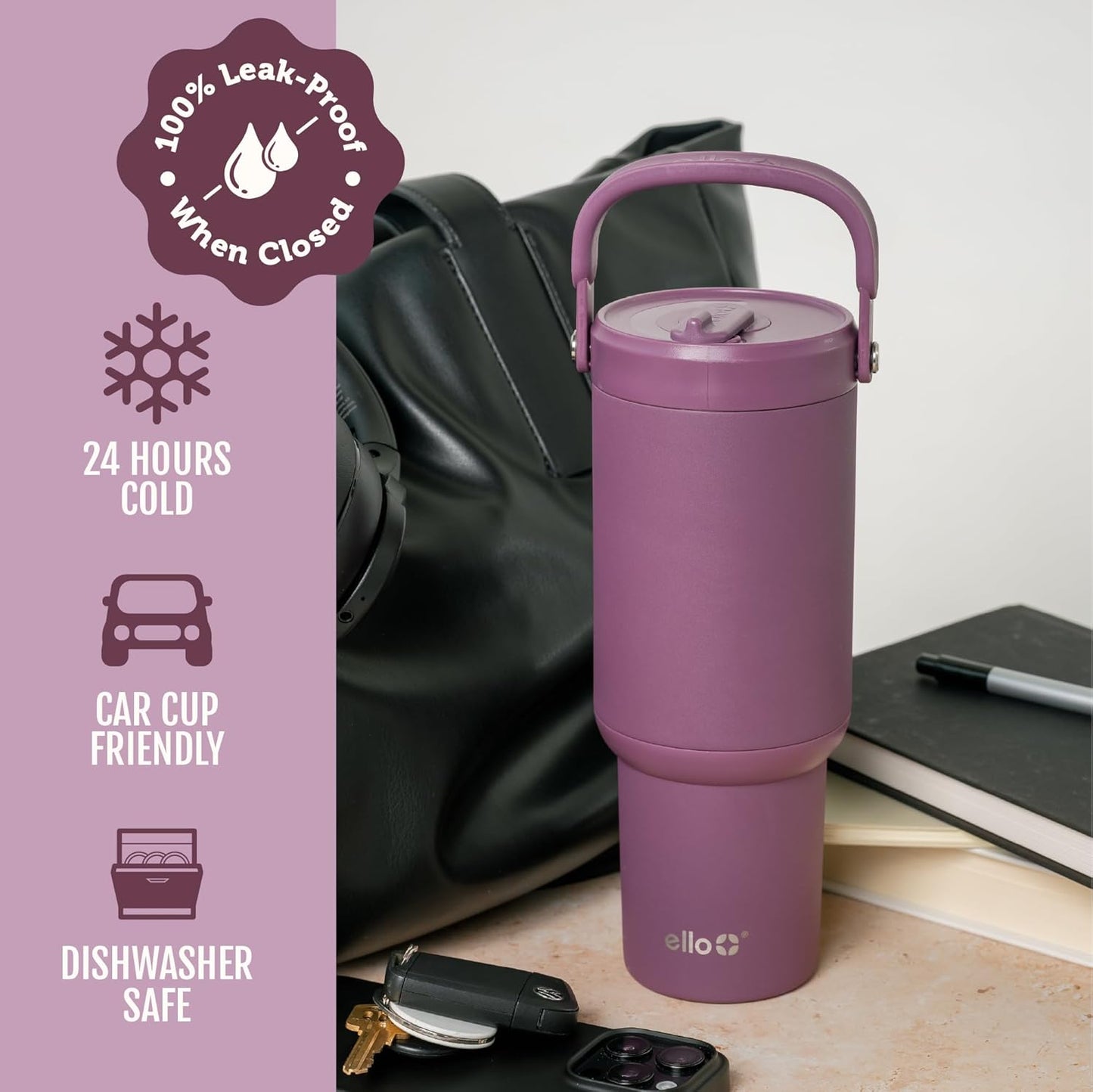 Ello Oasis Go+ 26oz Tumbler with Top Handle and Retracting Straw | Reusable Insulated Stainless Steel Cup, 100% Leakproof Water Bottle, 24 Hours Cold, Cup Holder Friendly For Travel | Wild Rasberry