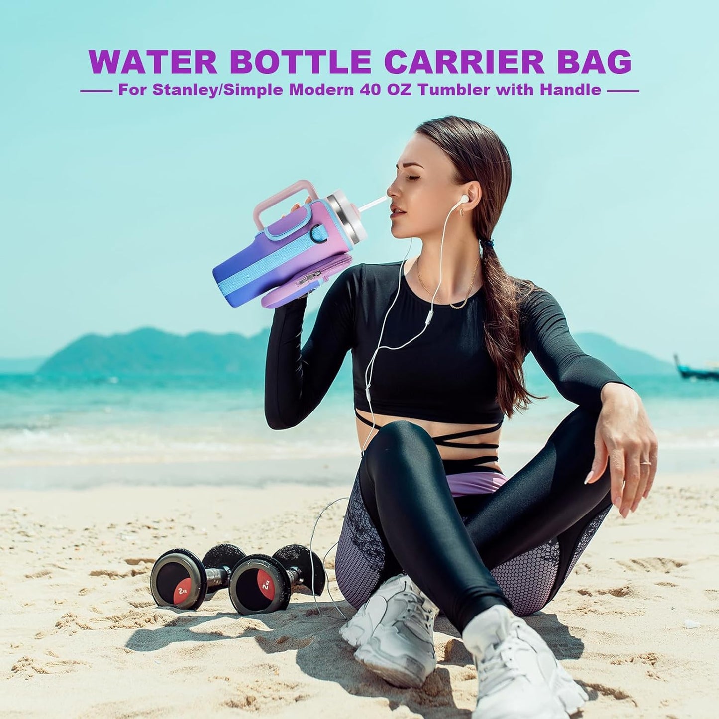 BULKITEM Water Bottle Carrier Bag with Phone Pocket for Stanley 40 & 30 oz Tumbler with Handle,Pink Insulated Neoprene Cup Holder Pouch w/Adjustable Strap for Quencher H2.0 Stanley Cup Accessories