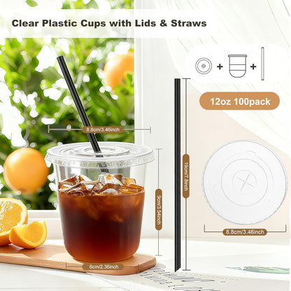 tchrules 100 Set 16oz Plastic Cups with Lids and Straws, Disposable Clear Iced Coffee Cup with Lid, Round Bottom Plastic To Go Cups for Cold Drinks Slushie Smoothie Lemonade Matcha Party Shop Supplies