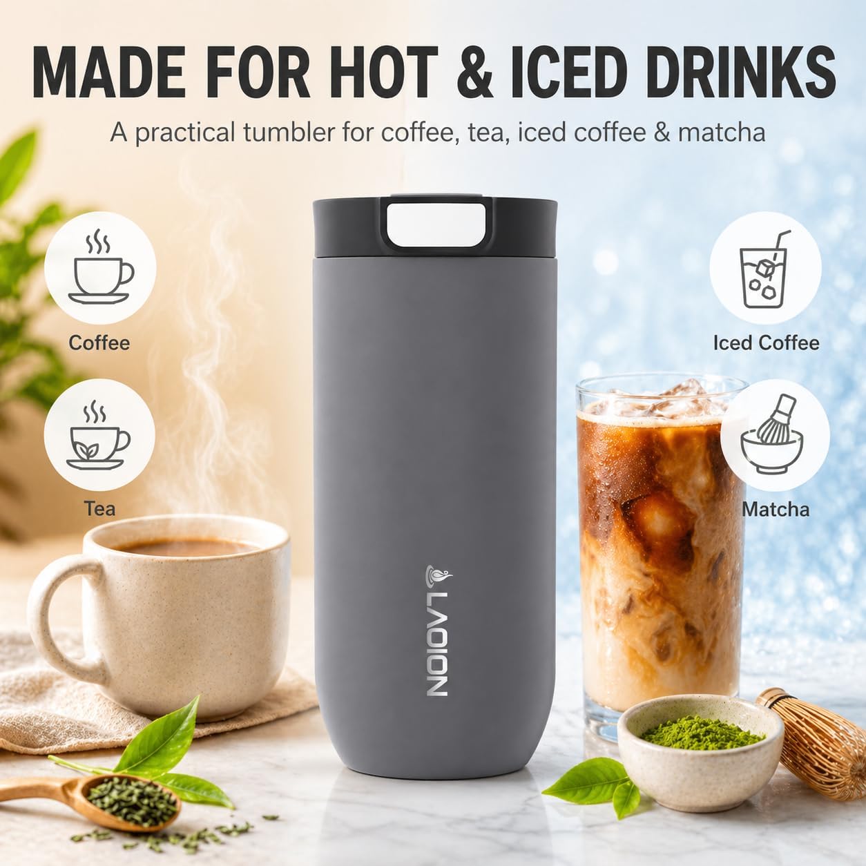 LAOION 17 oz Insulated Coffee Tumbler, Stainless Steel Travel Coffee Mug with Slider Lid, Reusable Iced Coffee Cup for Office, Car, Commute, Gray