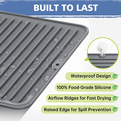 Songrey 12" x 6.5" Silicone Dish Drying Mat, Kitchen Counter Drying Pad for Sink Dishes or Under Rack, Multi-Use as Heat Resistant Trivet, Coffee Bar Mat