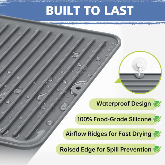 Songrey 12" x 6.5" Silicone Dish Drying Mat, Kitchen Counter Drying Pad for Sink Dishes or Under Rack, Multi-Use as Heat Resistant Trivet, Coffee Bar Mat