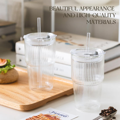 KEMORELA 16oz Ribbed Double Wall Glass Cups with Lid and Straw 2PCS, Coffee Bar Accessories，Insulated Borosilicate Glass Tumblers, To Go Iced Coffee Cups, Spill proof tumbler,tumblers & water glasses