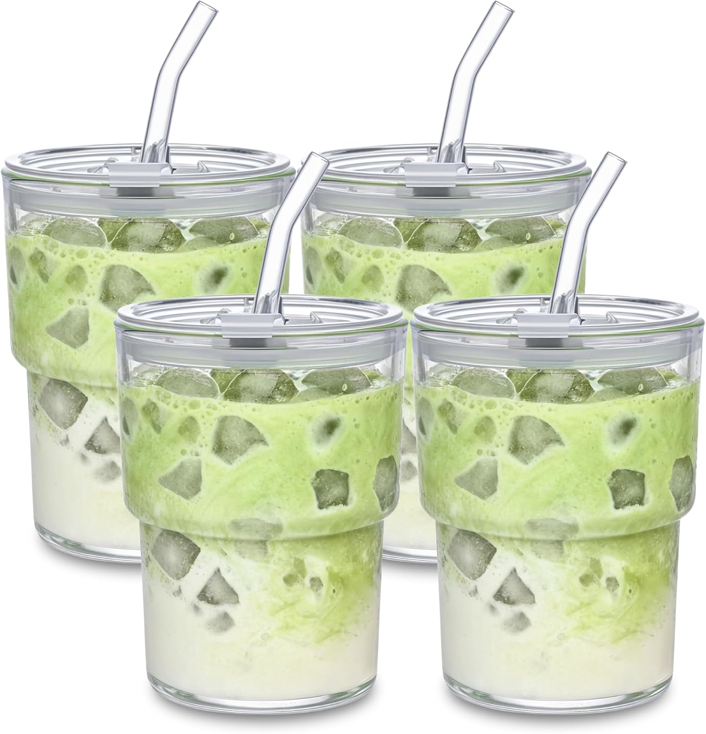 13oz Glass Tumbler with Straw and Lid Sealed, Carry On Reusable Iced Coffee Cups,Thick Wall Glass Coffee Drinking Glassware Cups