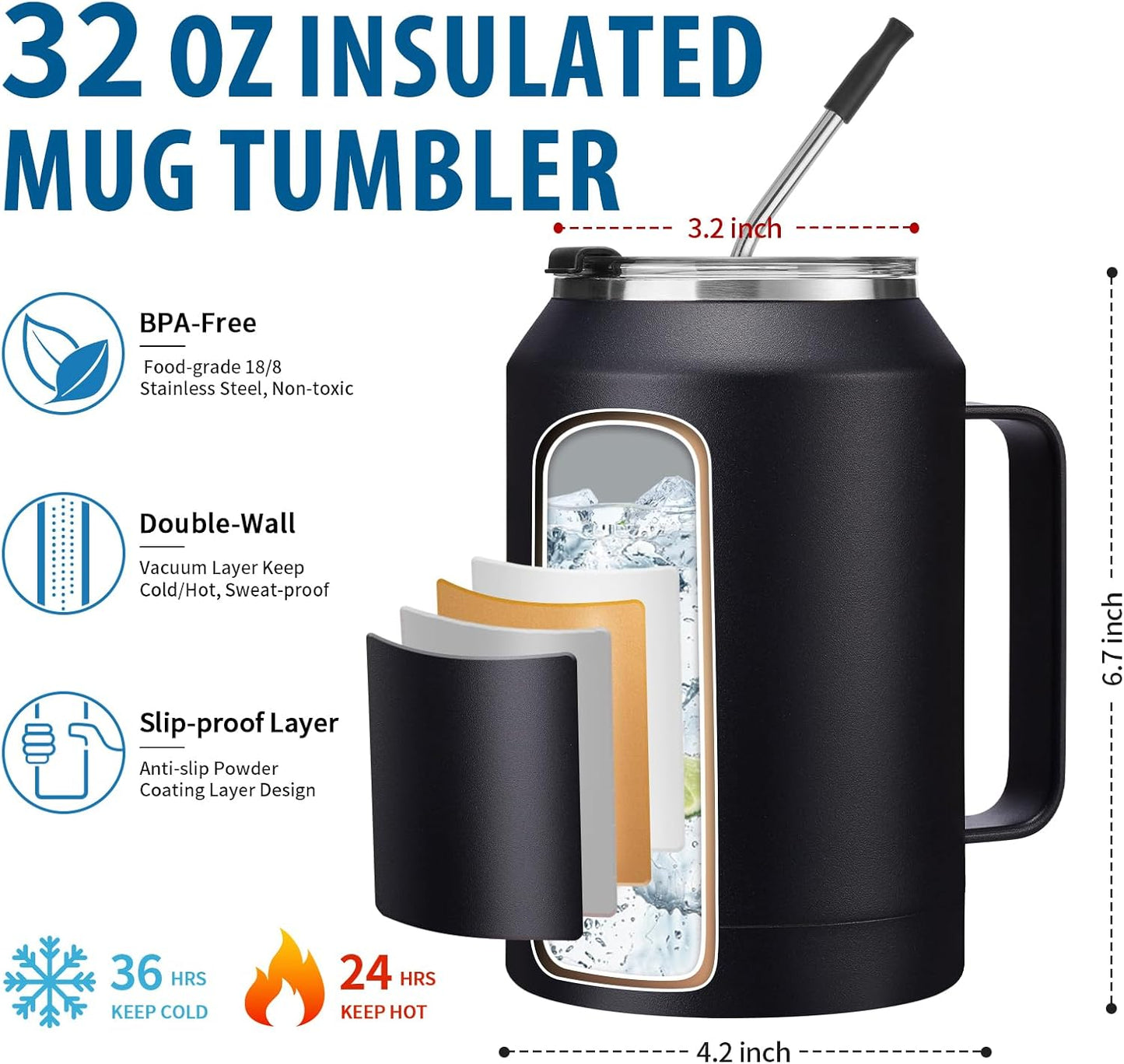50 oz Insulated Tumbler with Handle and Straw - Stainless Steel Double Wall Coffee Mug, 2-in-1 Lid Metal Water Bottle, 36H Cold 24H Hot Travel Hydro Cup Jug with Silicone Boot