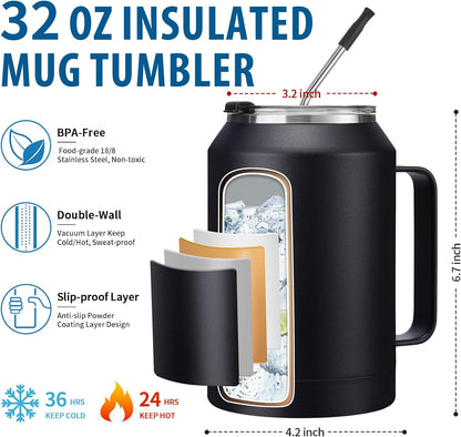 50 oz Insulated Tumbler with Handle and Straw - Stainless Steel Double Wall Coffee Mug, 2-in-1 Lid Metal Water Bottle, 36H Cold 24H Hot Travel Hydro Cup Jug with Silicone Boot