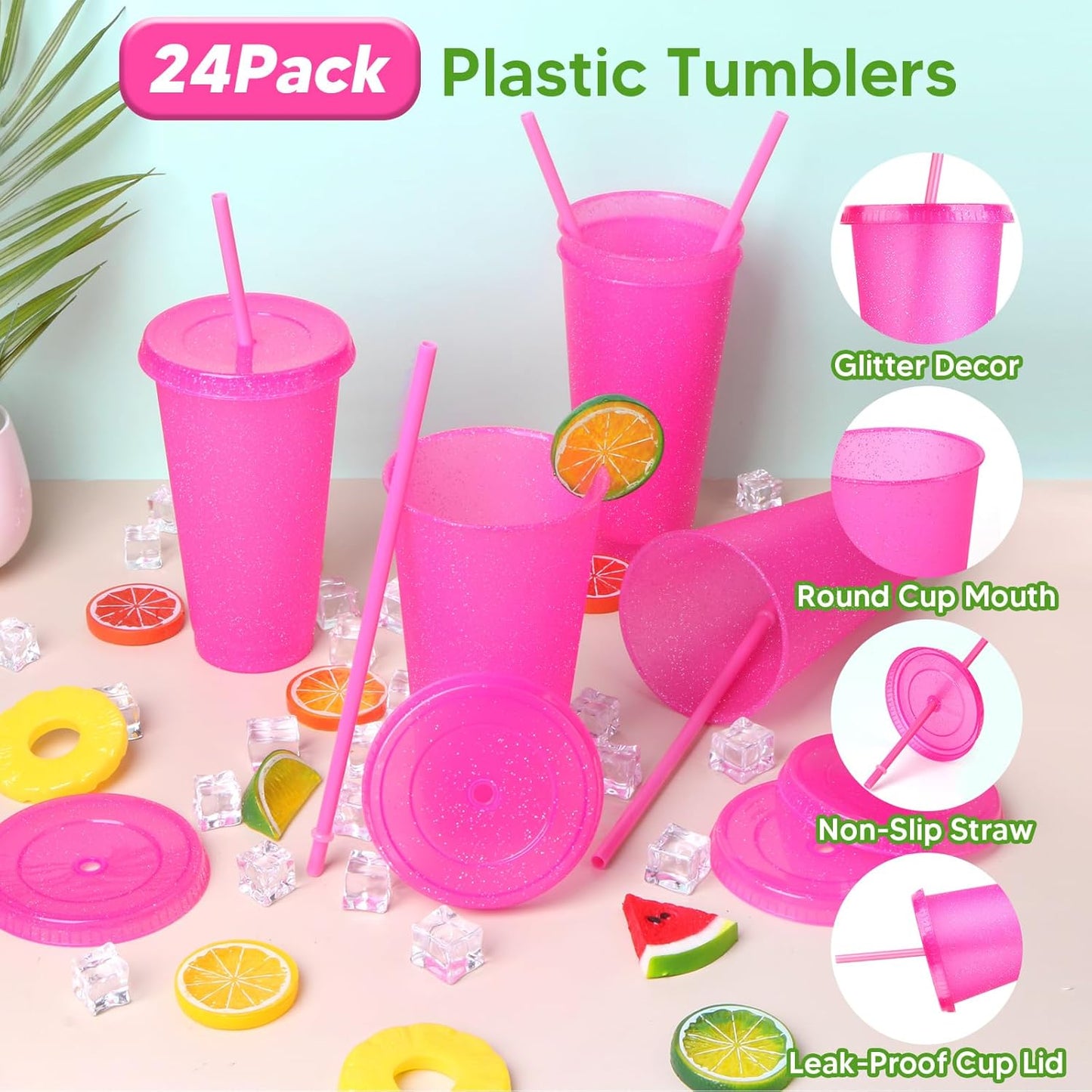 24 Pack Plastic Tumblers with Lids and Straw, Reusable Cups with Lids and Straws Colorful Cups for Cold Drink Iced Coffee, Plastic Tumbler Bulk for Party Birthday Gifts (24 oz, Stylish Colors)