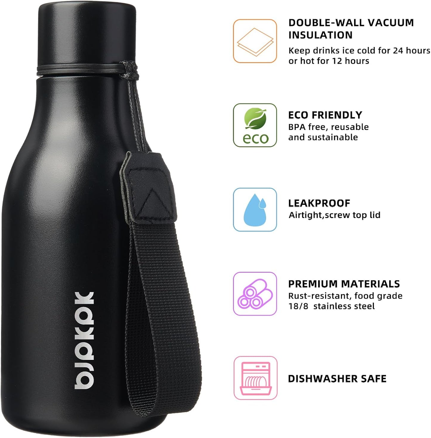 BJPKPK Insulated Water Bottles, 18 oz Stainless Steel Metal Water Bottle with Strap, BPA Free Leak Proof Jugs, Mugs, Flasks, Reusable Thermal Flasks for Sports & Travel, Black - Colors B