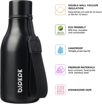 BJPKPK Insulated Water Bottles, 18 oz Stainless Steel Metal Water Bottle with Strap, BPA Free Leak Proof Jugs, Mugs, Flasks, Reusable Thermal Flasks for Sports & Travel, Black - Colors B