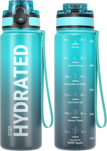 Sahara Sailor Water Bottle 32oz, Durable and Leakproof Water Bottles Motivational with Time Marker, Tritan, BPA Free, Wide Mouth with Easy Clean Brush for Gym, Travel, Home, School, Office (1 Bottle)