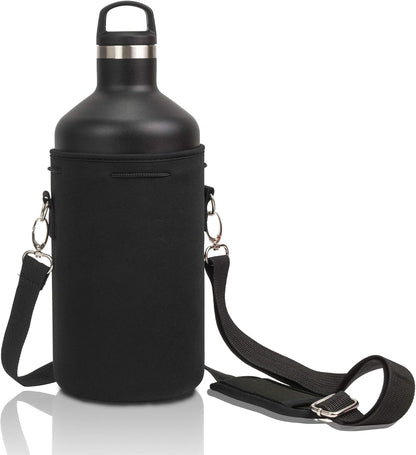Made Easy Kit Neoprene Water Bottle Carrier Holder with Adjustable Shoulder Strap for Insulating & Carrying Water Container Canteen Flask Available in 5 Sizes (Black, M (16oz-22oz))