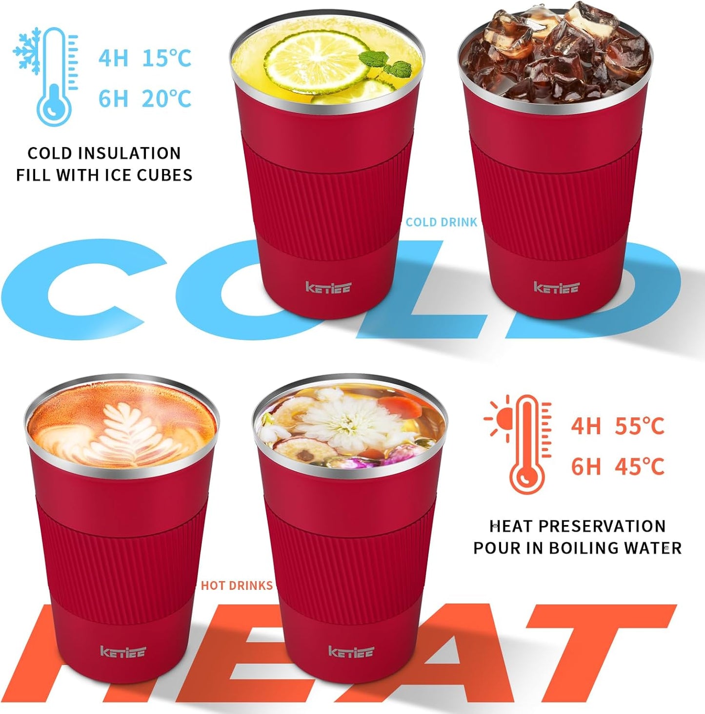KETIEE Travel Coffee Mug Spill Proof 12oz, Insulated Travel Mug to Go, Reusable Coffee Cup with Seal Lid, Vacuum Stainless Steel Tumbler for Hot/Cold Drinks (Red)