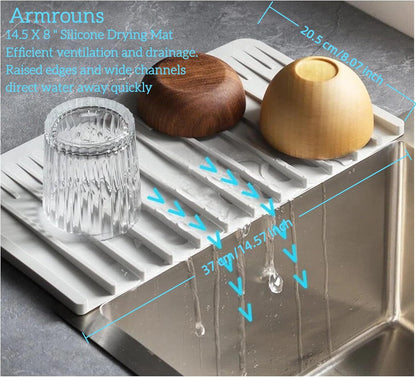 Silicone Dish Drying Mat for Kitchen Counter Non-Slip Drain Pad with Built-in Sloped Drain, Heat Resistant Drying Pad 14.5" x 8" (Grey)