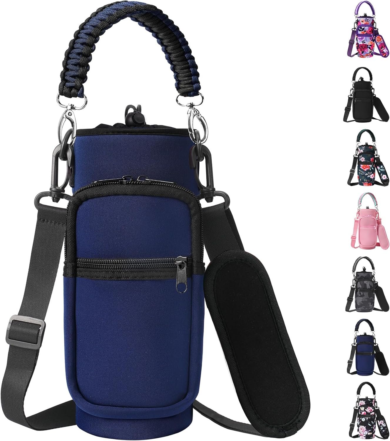 AceTreker 32/40/64/128 oz Neoprene Insulated Water Bottle Carrier Bag, Sling Bag Sleeve Pouch Holder with Strap & Paracord Handle and 2 Pocket for Travelling, Hiking, Camping