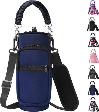 AceTreker 32/40/64/128 oz Neoprene Insulated Water Bottle Carrier Bag, Sling Bag Sleeve Pouch Holder with Strap & Paracord Handle and 2 Pocket for Travelling, Hiking, Camping