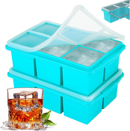 Large Ice Cube Trays for Whiskey, Silicone Ice Cube Tray, with Reinforced Steel Ring Top, Makes 12 perfect 2-in ice cubes, Square Ice Tray for Cocktails, Whiskey, Coffee. (2 Pack)