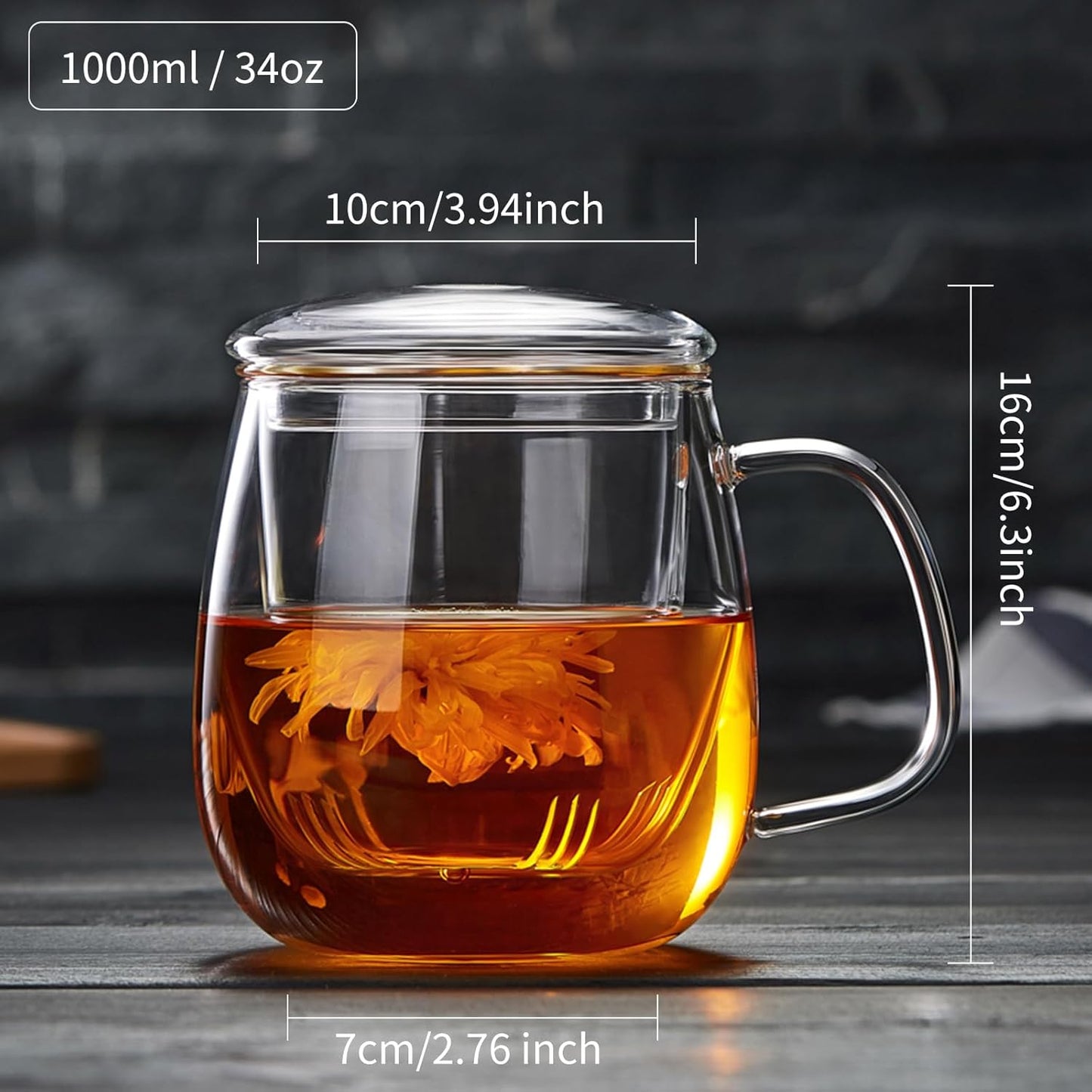 DOPUDO Glass Tea Cup with Infuser and Lid, 17.6oz/520ml Large Borosilicate Teacup,Tea Glass, Clear Mug for Loose Leaf Tea, Blooming Tea, Microwave & Dishwasher Safe - Tea Maker Gift for Birthday.