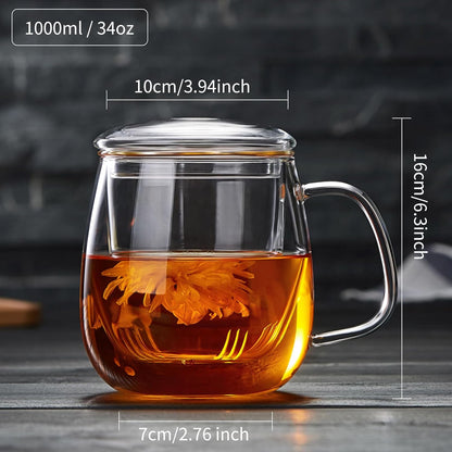 DOPUDO Glass Tea Cup with Infuser and Lid, 17.6oz/520ml Large Borosilicate Teacup,Tea Glass, Clear Mug for Loose Leaf Tea, Blooming Tea, Microwave & Dishwasher Safe - Tea Maker Gift for Birthday.