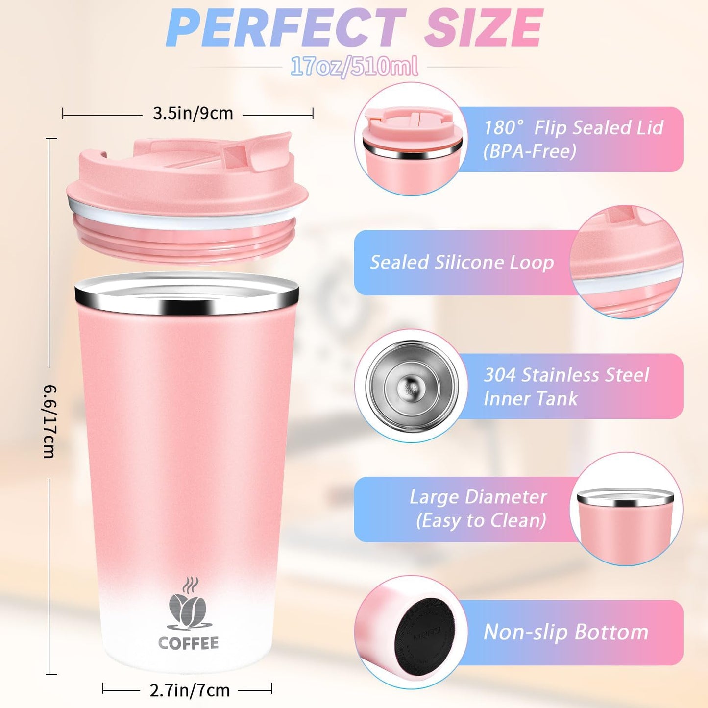 Insulated Travel Coffee Mug Reusable Coffee Tumbler Cup with Flip Lid Leak Proof Spill Proof for Office School Party Camping Hot and Cold Drink,Stainless Steel 17oz (Black)
