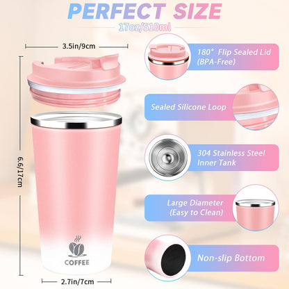 Insulated Travel Coffee Mug Reusable Coffee Tumbler Cup with Flip Lid Leak Proof Spill Proof for Office School Party Camping Hot and Cold Drink,Stainless Steel 17oz (Black)