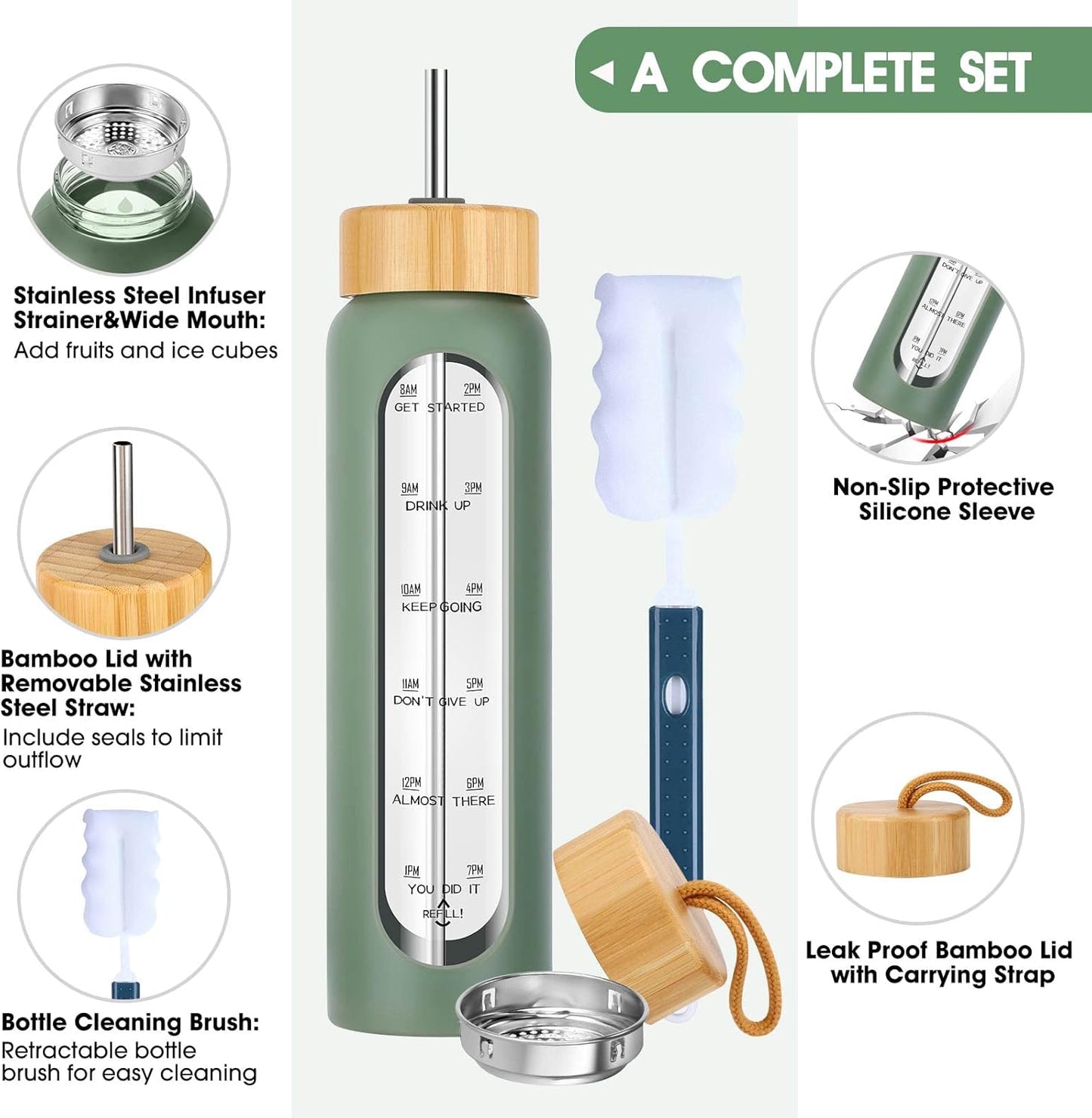 SipZest 32 oz Glass Water Bottle with Straw - Motivational Time Marker & Silicone Sleeve - Reusable Tumbler Includes 2 Bamboo Lids & Fruit Infuser - 1 Pack