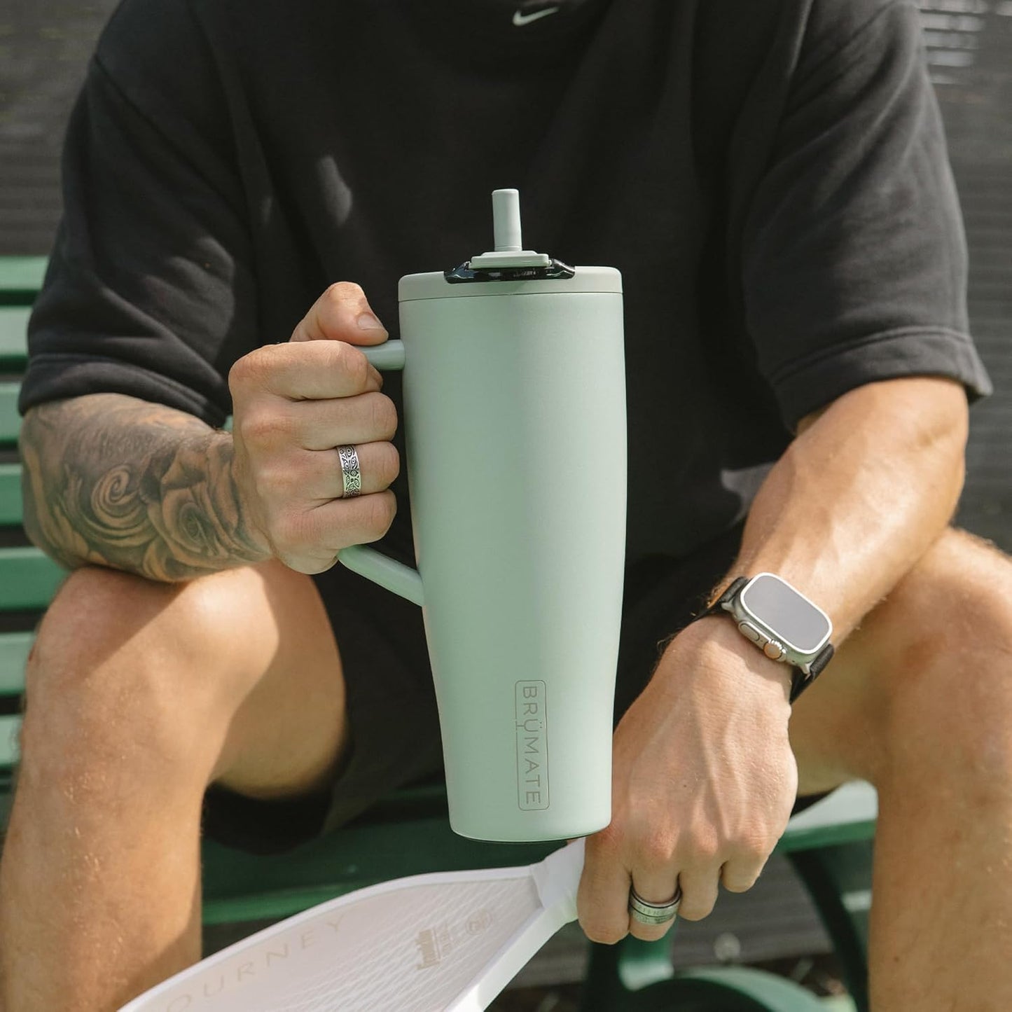 BrüMate Era Flip 30oz Tumbler with 100% Leakproof Covered Straw Lid | Hygienic Covered Straw | Insulated Stainless Steel Water Bottle with Handle | Cup Holder Friendly | BPA-Free (Sage)