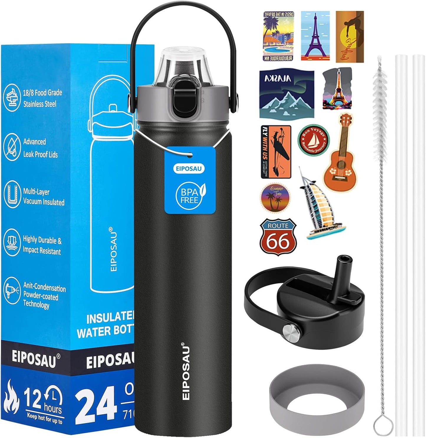 Insulated Water Bottle with Lid & Boot & Stickers, 24 oz Stainless Steel Sweat Free Bottle Keep Cold 24H, BPA-Free Sports Wide Mouth Water Bottle, BlueBlack