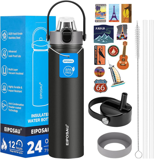Insulated Water Bottle with Lid & Boot & Stickers, 24 oz Stainless Steel Sweat Free Bottle Keep Cold 24H, BPA-Free Sports Wide Mouth Water Bottle, BlueBlack
