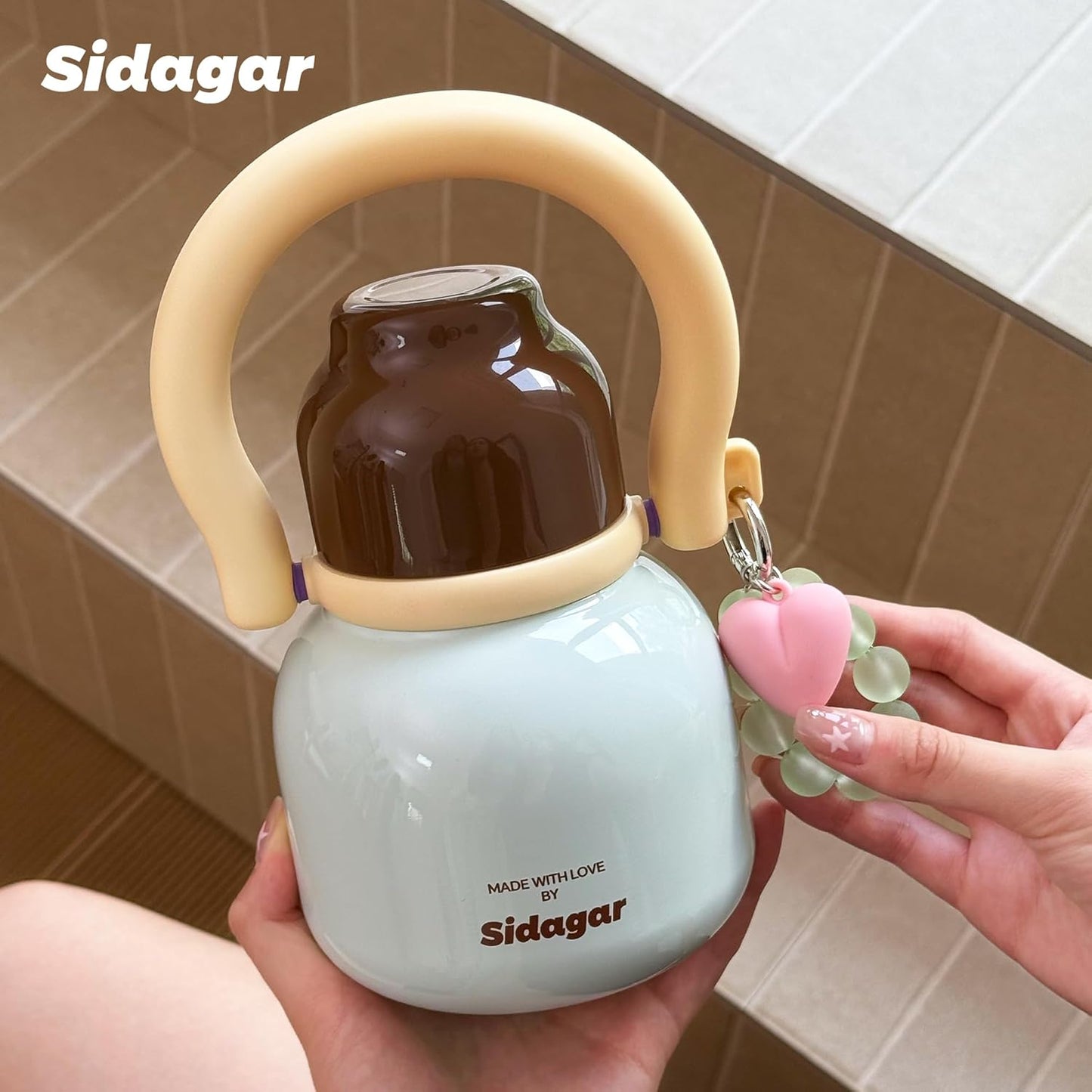 22 oz Water Bottle with Straw and Bowl, Unique Insulated Stainless Steel Tumbler, Spill-proof Reusable BPA-Free Cup, Pilates Wellness Study Travel, with Bonus Strap - Chocolate Black
