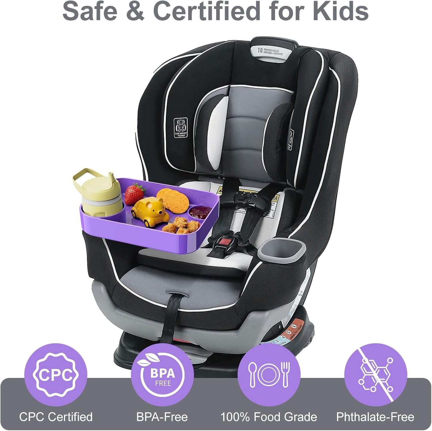 Car Seat Snack Tray for Toddlers - 3 Inch Cup Holder Fits Most Sippy Cups & Straw Bottles with Dip Well, Mess-Free Square Kids Travel Tray Road Trip Essentials, Black