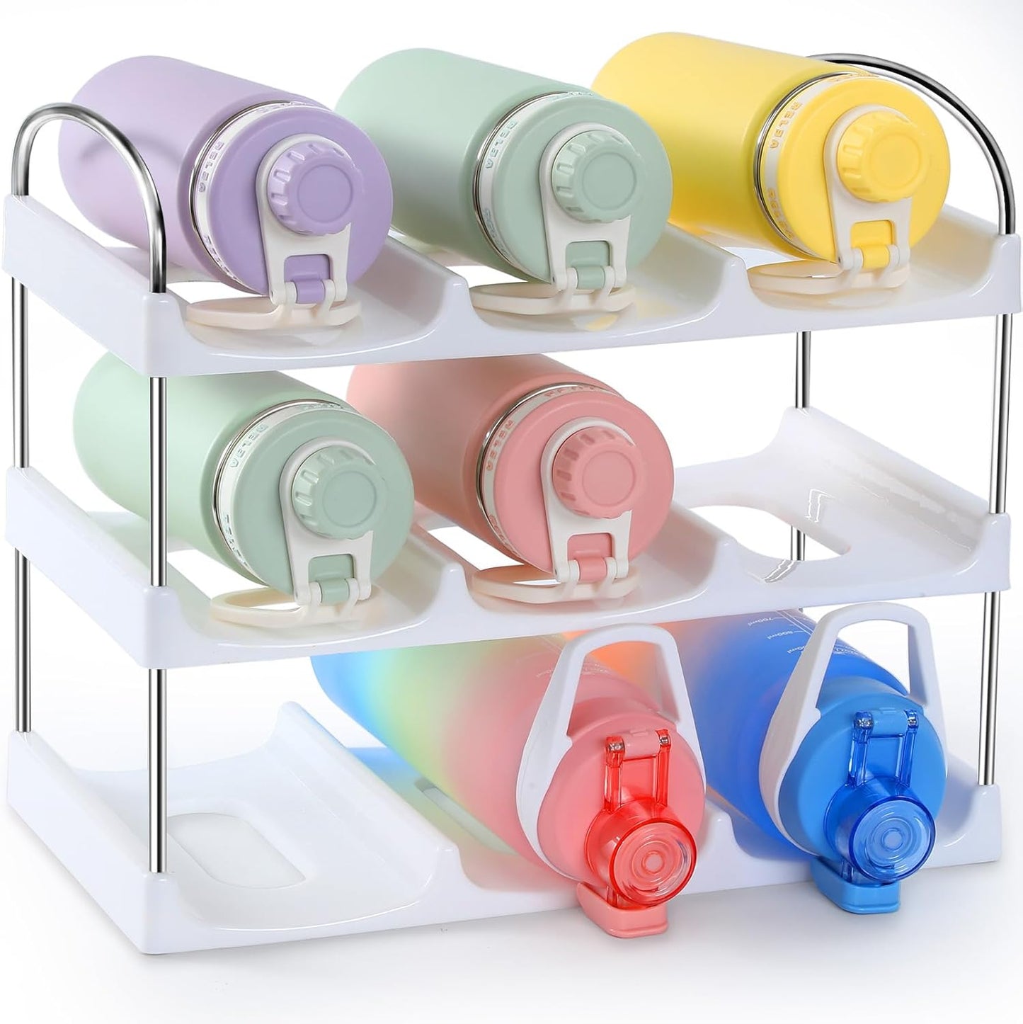LARGER Compartment - 3 Tier Stackable Water Bottle Organizer Holder - for Stanley 40oz & Others' Large Tumbler - Clear Wine Rack, 12 Cup Bottle Holder for Cabinet Home Countertop Fridge Pantry Shelf