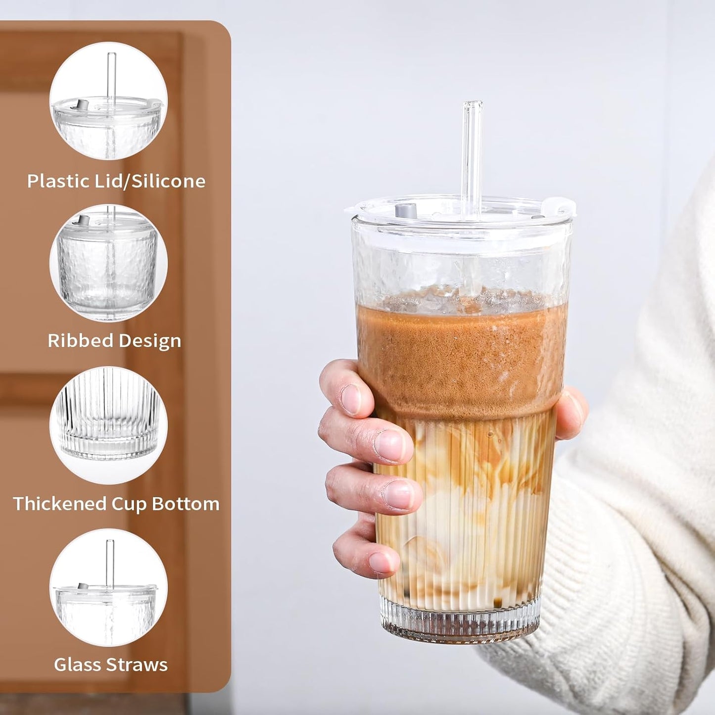 20oz Glass Tumblers with Lids and Straws,2PCS Glass Cups with Lids and Straws,Iced Coffee Cups with Lid,Drinking Glasses for Juice, Smoothies