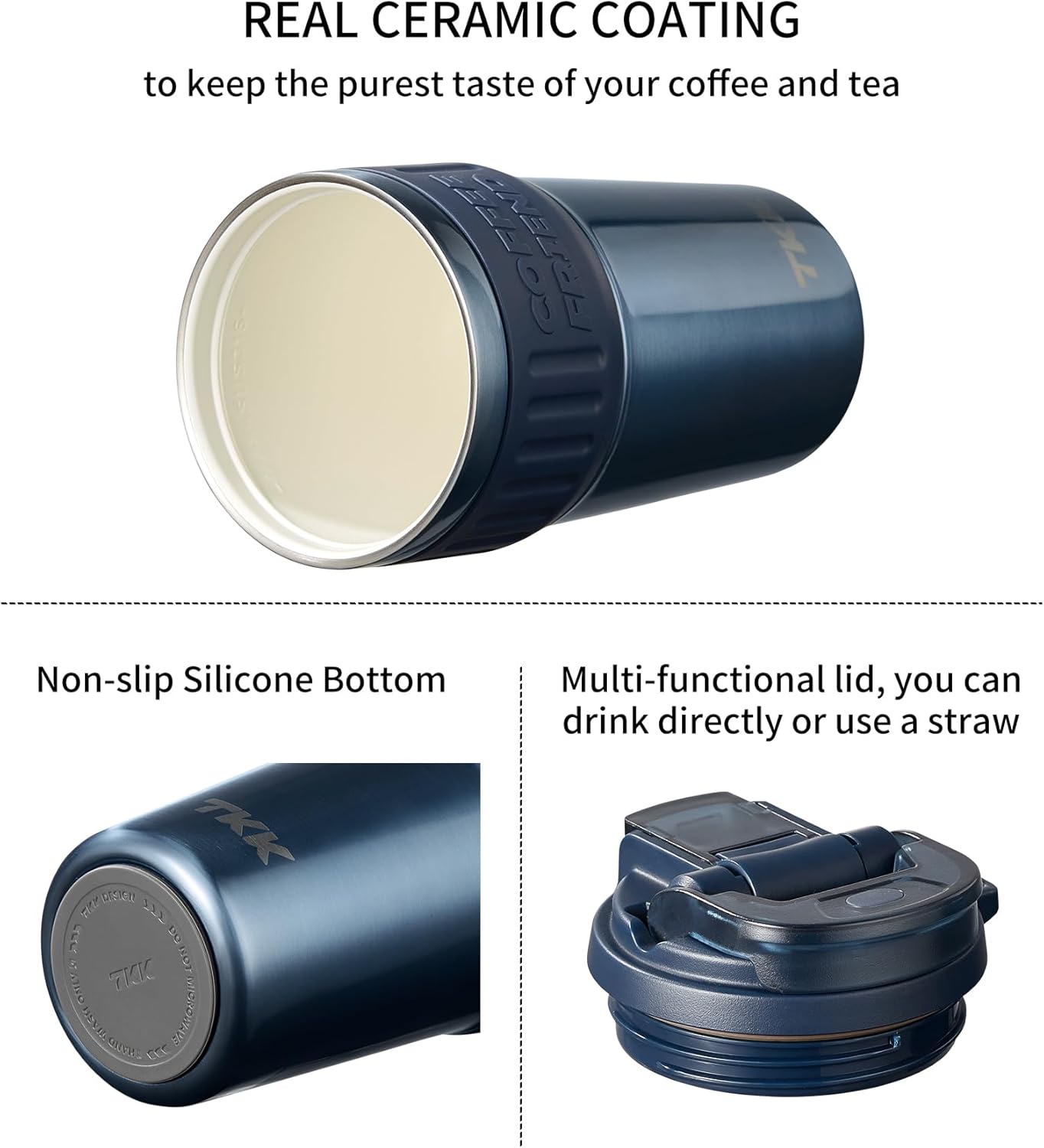 TKK Insulated Coffee Mug with Ceramic Coating, 21oz Iced Coffee Tumbler Cup with Straw Lid Double Wall Vacuum Leak Proof Travel Mug with Strap for Hot and Iced Beverage, Tungsten Steel
