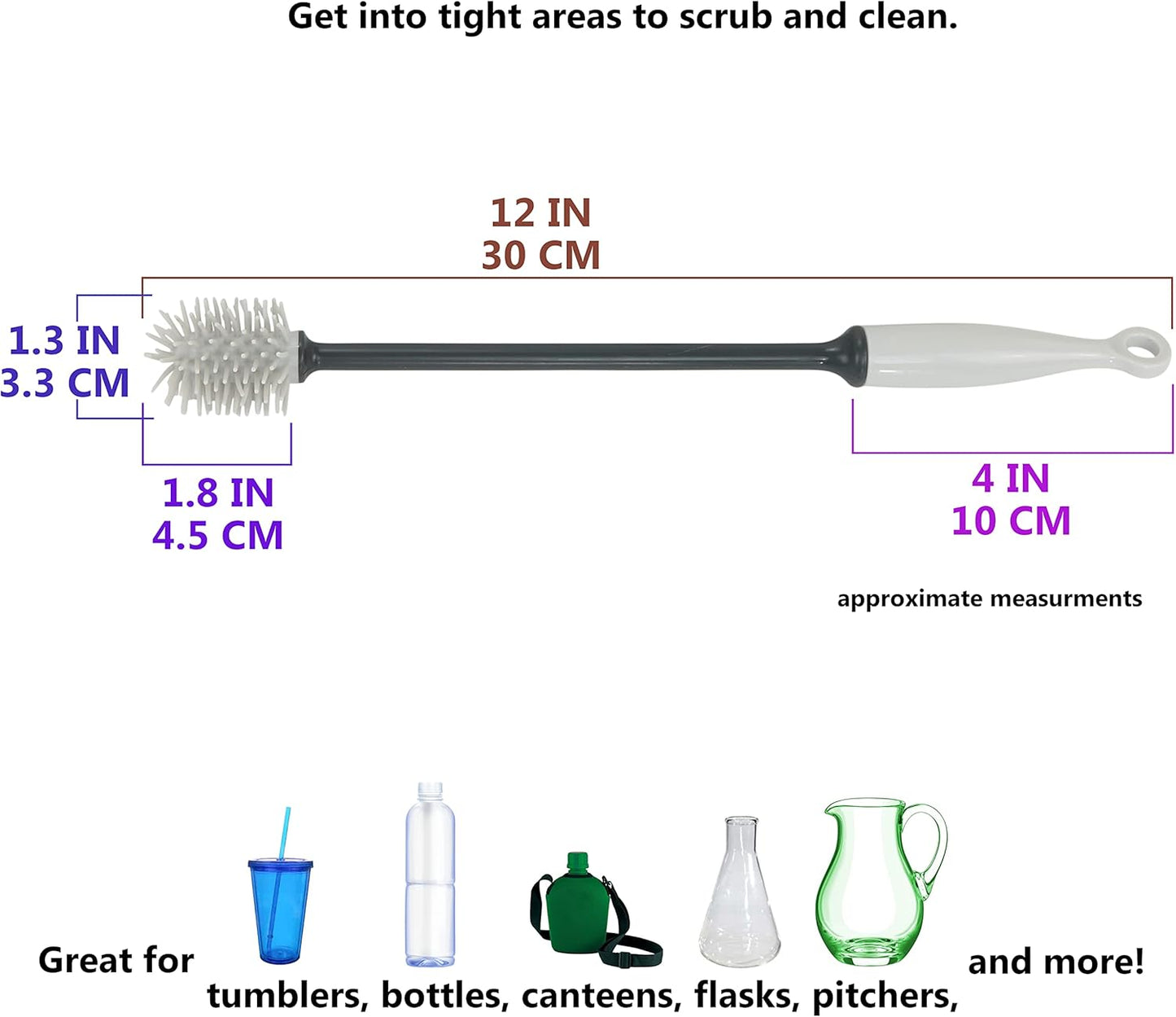 Iconikal 2-Pack Silicone Bottle Brush 12-Inch Gray - Flexible Non-Scratch Cleaner for Water Bottles, Tumblers, Shakers