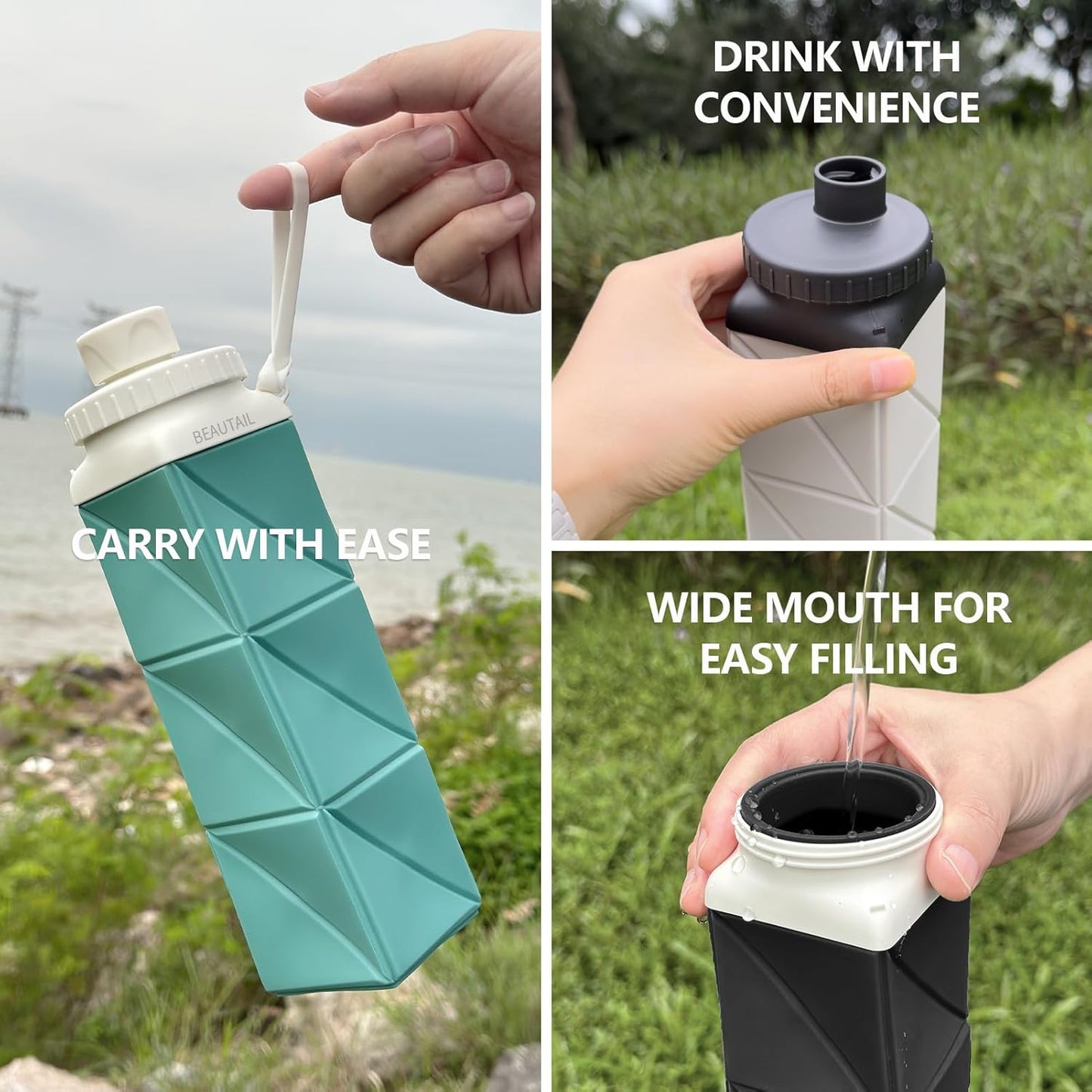 BEAUTAIL Collapsible Water Bottles 20.6oz, Silicone Foldable Portable Travel Water Bottle, Lightweight Reusable Leakproof for Traveling Camping Hiking Cycling Yoga Sports Outdoor
