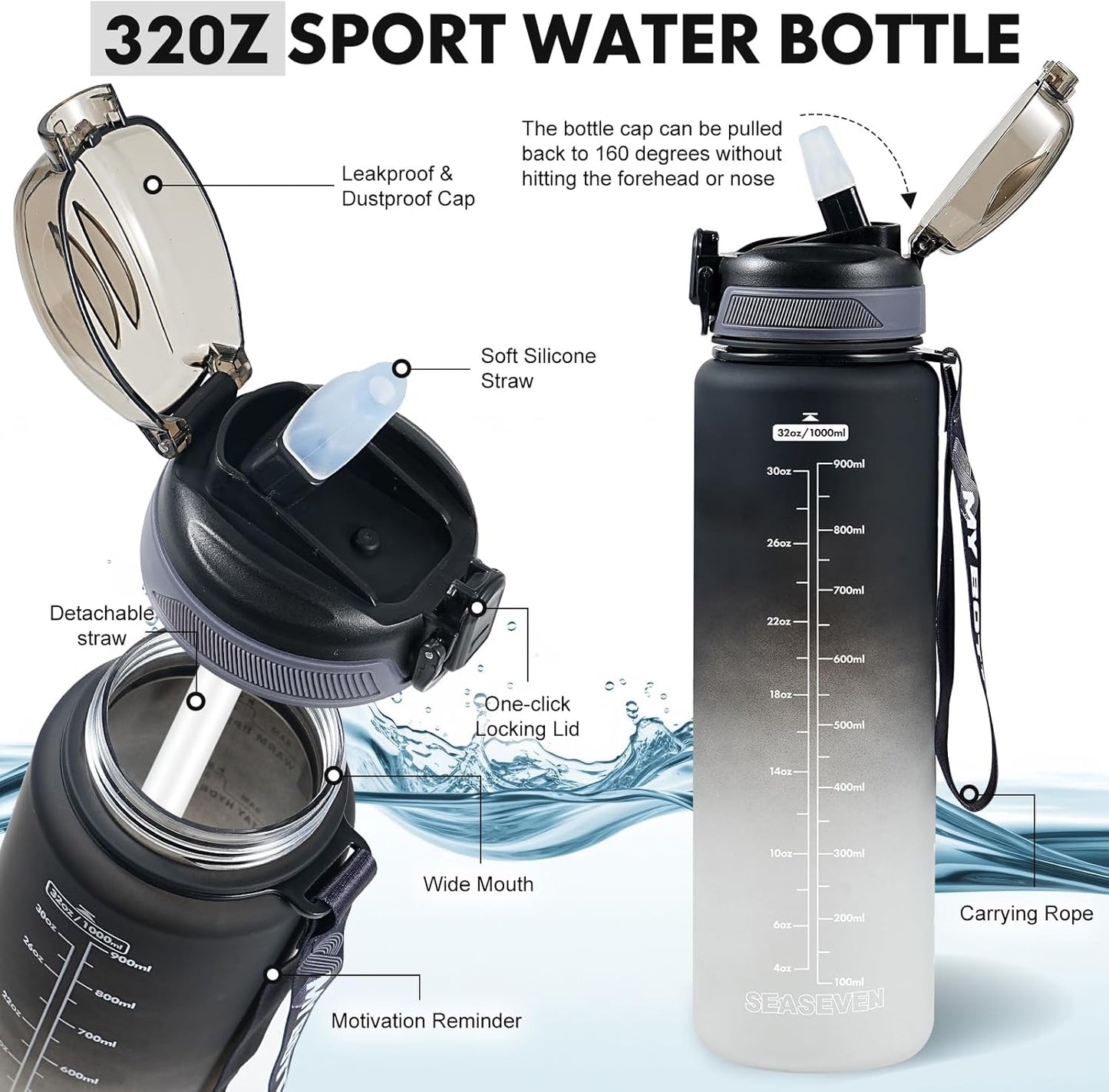 Water Bottle with Straw 1L,Boys Water Bottles with Straw 1 Litre,Waterbottle Leak-Proof Sports Water Bottle,Plastic Drinks Bottles Toxin Free，Bpa-Free (Cyan Black)