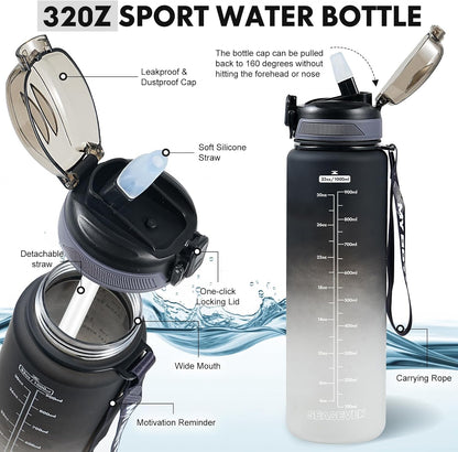 Water Bottle with Straw 1L,Boys Water Bottles with Straw 1 Litre,Waterbottle Leak-Proof Sports Water Bottle,Plastic Drinks Bottles Toxin Free，Bpa-Free (Cyan Black)