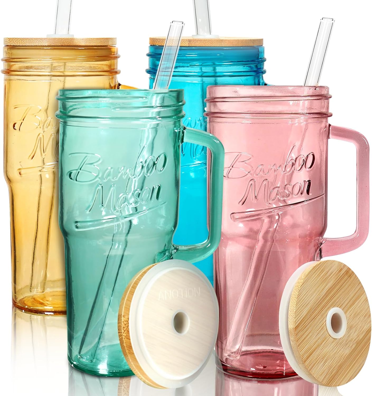 ANOTION Bamboo Mason Leakproof Mason Jar Cups with Lids and Straws, Cap Cup 24oz Glass Tumbler with Handle, Rotating Lid Silicone Straw, Reusable Iced Coffee Matcha Cup Coffee Gifts for Women 2pc