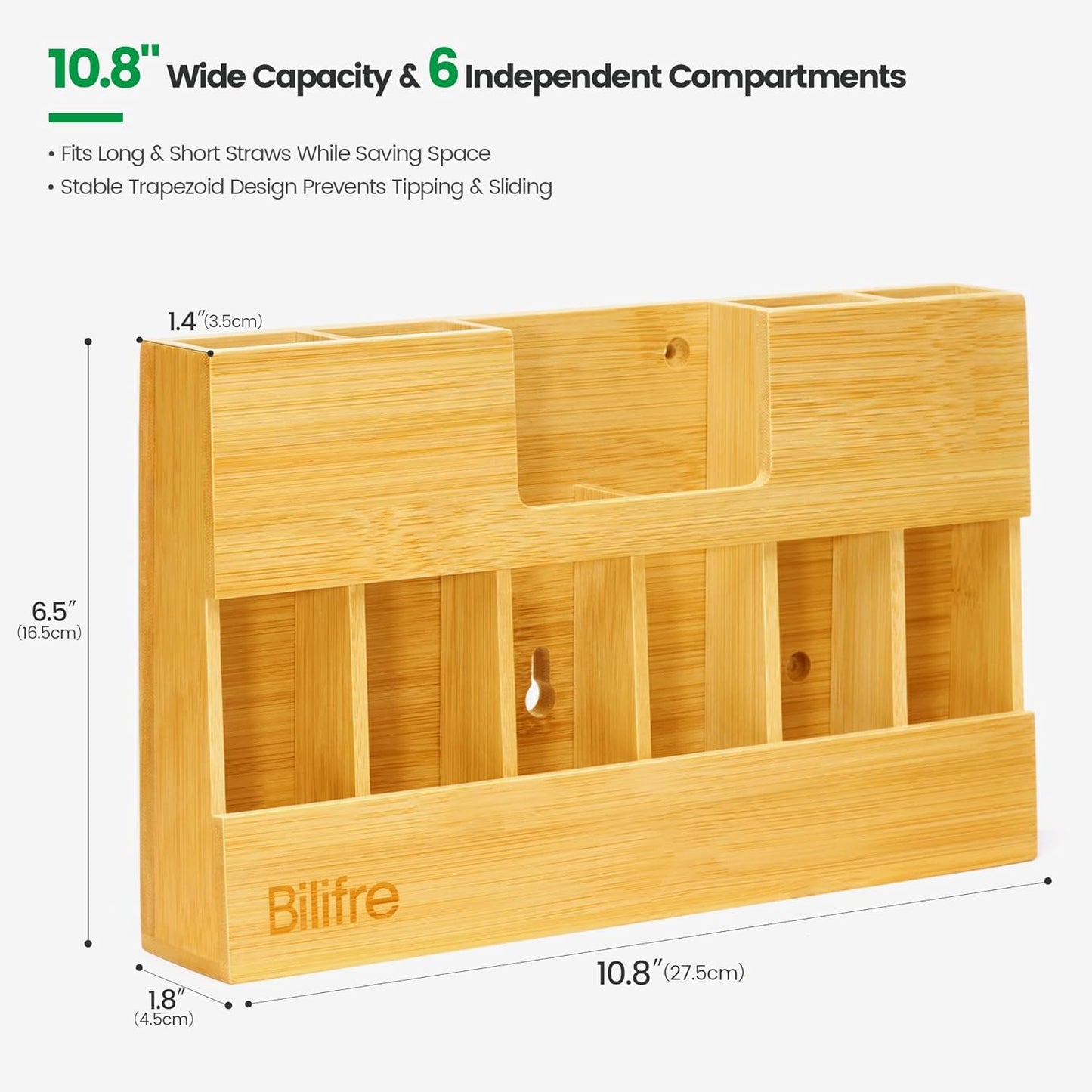 Bamboo Straw Holder Organizer for Cabinet Door, 10.8" Magnetic Straw Organizer with 6 Compartments for Long & Short Reusable Straws, Fridge, Counter & Wall Mount